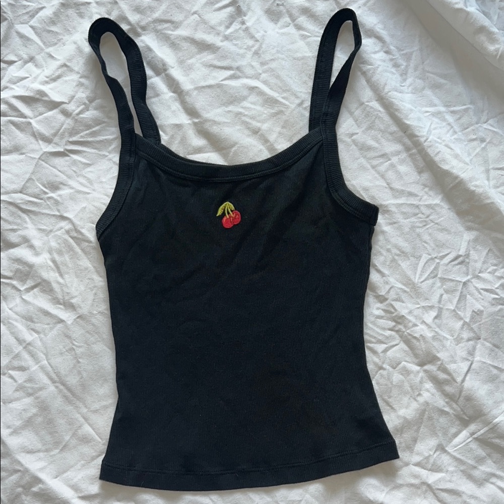 Cherry Embroidered Black Tank Top